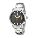 Reloj de pulsera Maserati modelo Successo, con caja y brazalete de acero inoxidable plateado. Presenta una esfera gris con textura cepillada, índices aplicados, ventana de fecha y segundero en color amarillo.
