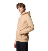 Buzo tipo canguro Columbia, color beige, con capucha ajustable mediante cordones, bolsillo frontal tipo canguro, puños y dobladillo acanalados. Presenta un pequeño parche con el logo de la marca en el pecho.