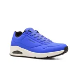 Zapatillas urbanas Skechers Street Uno - Stand on Air, color azul. Confeccionadas en cuero sintético liso y perforado, con cordones, plantilla Skechers Air Cooled Memory Foam y media suela con cámara de aire visible Skech-Air.