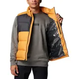 Chaleco acolchado Columbia con tecnología Omni-Heat termorreflectante. Presenta un diseño bicolor en bloques de color naranja y negro, con cierre frontal completo, cuello alto y bolsillos laterales con cremallera.