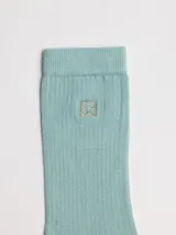 Medias de caña media en color turquesa, confeccionadas en tejido acanalado con detalle de logo bordado en la parte superior y nombre de la marca con talle estampado en la planta del pie.