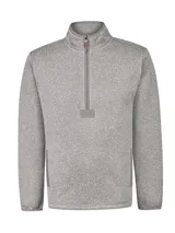 Buzo polar de hombre con cuello alto y medio cierre frontal. Presenta un diseño jaspeado con bolsillos laterales y un parche decorativo en la base del cierre.