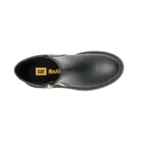 Bota de cuero negro con diseño tipo Chelsea, plataforma alta dentada y cierre lateral metálico con logo de la marca visible en el lateral.