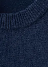 Sweater de punto medio en color azul marino, con cuello redondo y mangas largas. Presenta un diseño recto con terminaciones en canalé.