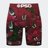 Calzoncillos bóxer de hombre marca PSD, con estampado de serpientes y rosas sobre fondo borgoña.