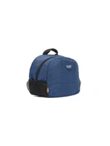 Bolso tipo sling bag de la marca Cat, color azul con estampado geométrico sutil. Cuenta con un compartimento principal con cierre, bolsillo frontal con cremallera, bolsillos laterales de red y correa ajustable para llevar al hombro.