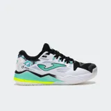 Championes de pádel Joma Spin para hombre, color blanco con detalles en negro, verde menta y amarillo neón. Presentan un diseño con malla transpirable, refuerzos termosellados y entresuela de phylon con tecnología STABILIS.