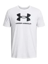 Remera de manga corta Under Armour, color blanco con el logo de la marca estampado en negro en el centro del pecho. Confeccionada en tejido de mezcla de algodón y poliéster, cuenta con cuello redondo acanalado.