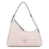 Cartera tipo hobo Guess modelo Eileen, color rosa, con diseño asimétrico, cierre superior y detalle de cadena metálica en uno de los laterales de la correa.