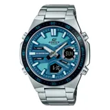 Reloj Casio Edifice plateado con esfera celeste, analógico-digital, con caja de acero inoxidable y correa de eslabones.