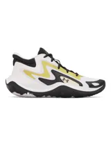 Championes de básquetbol Under Armour modelo Jet 25, con diseño de materiales mixtos en colores blanco, negro y amarillo. Presentan cuello acolchado para mayor sujeción, entresuela Micro G® para amortiguación reactiva y suela de goma resistente para tracción en cancha.