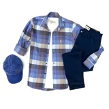 Camisa de leñador de algodón peinado a cuadros en tonos azul, marrón y blanco, de manga larga y corte clásico.