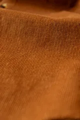 Camisa de manga larga confeccionada en pana de algodón, color camel. Presenta cuello con botones, cierre frontal abotonado, bolsillo en el pecho con etiqueta pequeña y dobladillo redondeado.