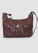 Cartera hobo negra de cuero sintético acolchado con diseño de corazones y logo plateado de Vivienne Westwood al frente.