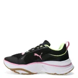 Championes de running Puma modelo Softride Divine, con diseño multicolor que combina blanco, negro, fucsia y verde neón. Presentan una estructura de malla transpirable con refuerzos sintéticos, entresuela gruesa con tecnología SOFTRIDE para amortiguación y suela de caucho con tracción zonal.