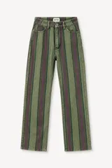 Pantalón de corte recto con diseño de rayas verticales multicolor en tonos celeste, azul, violeta y naranja.