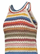 Musculosa tejida a crochet en algodón orgánico y lino, con diseño de rayas multicolor, cuello redondo y tirantes anchos.