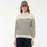 Sweater de punto con cuello alto, diseño de rayas horizontales negras sobre base beige, manga larga y ajuste al cuerpo.