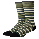 Medias Stance Fate Crew con diseño a rayas horizontales en tonos azul, verde y blanco. Talón y puntera en color negro.