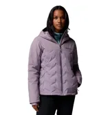 Campera impermeable Columbia Grand Trek III Jkt Omni-Heat de color lila, con capucha ajustable, cierre frontal de cremallera y bolsillos laterales con cierre. Cuenta con tecnología térmica reflectante y aislamiento de plumón.
