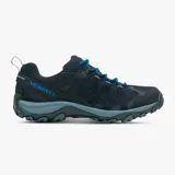 Zapatillas de senderismo Merrell Accentor 3, color negro con detalles en azul. Capellada de gamuza y malla transpirable, cordones y correas reciclados, lengüeta que evita la entrada de residuos, puntera de goma protectora, forro de malla reciclada, plantilla de espuma EVA reciclada, entresuela de espuma EVA ligera y suela exterior de goma con tracción duradera.