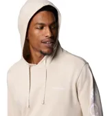 Buzo tipo canguro con capucha ajustable y cordones, bolsillo frontal tipo canguro, mangas largas con logo estampado en una de ellas y logo pequeño en el pecho.