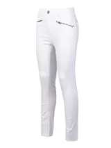Jeans skinny de tiro medio color blanco, con cierre frontal, bolsillos delanteros con cierre y ruedo desflecado.