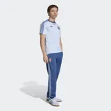 Remera Adidas de la colección Originals inspirada en la selección de Italia. Es de color celeste claro con cuello redondo y mangas cortas, presenta las tres tiras características de la marca en azul sobre los hombros y mangas. Incluye el logo del Trifolio de Adidas en el lado derecho del pecho y el escudo de la selección italiana en el lado izquierdo.