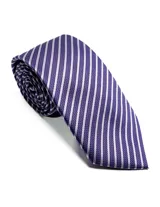 Corbata de seda azul marino con estampado paisley en tonos rosados y blancos.