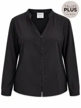 Camisa negra de manga larga con cuello en V y cierre frontal con botones.