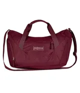 Bolso deportivo tipo duffel de la marca Jansport, color bordó, con doble asa de mano y correa ajustable para hombro. Cuenta con cierre principal, bolsillo frontal con cierre y logo de la marca aplicado.