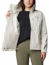 Campera impermeable Columbia Hikebound II Jacket color gris, con capucha ajustable, bolsillos con cierre y tecnología Omni-Tech.