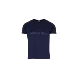 Remera Saint Laurent de manga corta y cuello redondo, color azul marino, con estampa frontal del logotipo invertido.