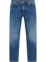 Pantalón de jean recto de tiro medio, color azul claro con efecto de lavado y cinco bolsillos.