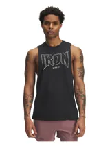 Musculosa deportiva negra con sisas amplias y cuello acanalado. Presenta un estampado frontal con la inscripción 'IRON PARADISE' en tipografía estilo alambre de púas.