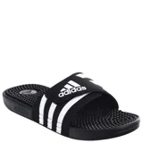 Chanclas Adidas Adissage negras con tres tiras blancas y plantilla con nódulos de masaje.