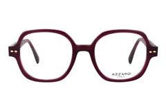 Armazón de anteojos Azzaro modelo 30454, de diseño cuadrado con bordes redondeados en color bordó. Presenta detalles metálicos dorados en las bisagras.