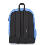 Mochila JanSport color celeste, modelo Cross Town. Cuenta con un compartimento principal grande, un bolsillo frontal con organizador interno, un bolsillo lateral para botella de agua, panel trasero acolchado y correas de hombro acolchadas.