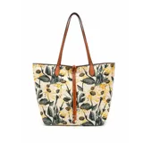 Cartera tipo tote bag con estampado floral en tonos amarillos y verdes sobre fondo crudo. Cuenta con asas largas de hombro en color tostado y detalle de tiras colgantes al frente.
