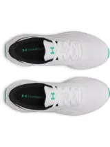Championes de running Under Armour Ascend color blanco, con detalles en negro, verde y salpicaduras rosadas en la entresuela. Confeccionados con parte superior de malla transpirable y suela de goma.