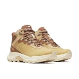 Bota de senderismo Merrell modelo Speed Strike 2 LTR, color beige y marrón. Presenta un diseño deportivo con empeine de cuero de plena flor y ante impermeable, cuello acolchado, cordones reforzados y suela de goma adherente para mayor tracción.