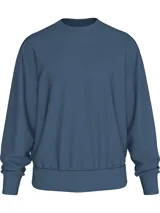 Buzo azul de poliéster con cuello redondo, puños y dobladillo acanalados, corte relaxed y cinta decorativa con el logo de la marca en los laterales.
