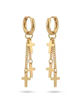 Par de caravanas de acero dorado con diseño de argolla y múltiples cadenas colgantes con dijes de cruz.