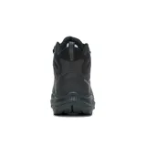 Bota de trekking Merrell modelo Speed Strike 2 Mid Waterproof, color negro. Presenta un diseño atlético con membrana impermeable, parte superior de malla y cuero sintético, cuello acolchado, entresuela de espuma EVA para mayor estabilidad y suela de goma con tracción duradera.