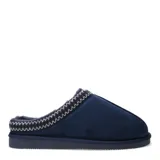 Pantuflas tipo zueco color bordó, con exterior de gamuza sintética y borde superior decorado con costuras trenzadas. Interior forrado en piel sintética al tono y suela de goma plana.