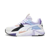 Championes Puma RS-Pulsoid, color blanco con detalles en lila, violeta, celeste y negro. Confeccionados con empeine textil y revestimientos de gamuza, tecnología de amortiguación RS System en la mediasuela y suela exterior de goma.