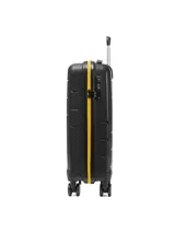 Valija de cabina rígida Caterpillar Venture Trolley de 20 pulgadas, color negro con detalles en amarillo, cuatro ruedas dobles multidireccionales y tirador telescópico.