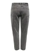 Pantalón de jean mom fit tiro alto, color gris con efecto acid wash, corte relajado, bolsillos traseros clásicos y trabillas para cinturón.