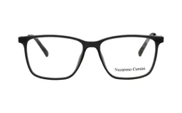 Anteojos de acetato negros, de forma rectangular y patillas finas.