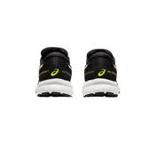 Championes de running Asics modelo Gel-Contend 7, color negro con detalles en blanco y rosa. Presentan tecnología AmpliFoam en la entresuela para mayor amortiguación y malla transpirable en la parte superior.
